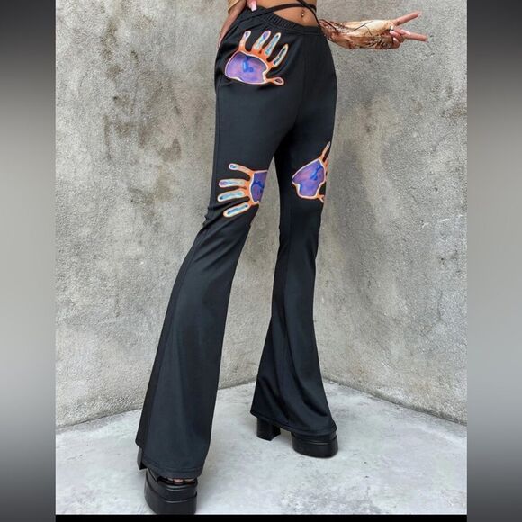 90s Low Rise Handprint Print Crisscross Tie Back Flare Leg Pants Size Medium - Picture 11 of 11